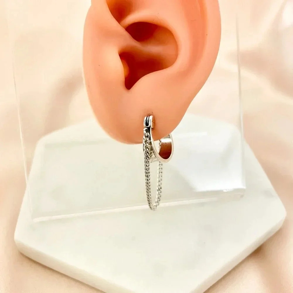 925 Sterling Silver Dangle Chain Hoop Earrings Small Silver Hoops Modern Hoops - Picture 3 of 4